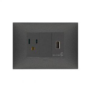 Toma 2P + T15 A 127V usa + sencillo + USB 5V tipoC + placa carbón mate Línea NEVE UP vimar