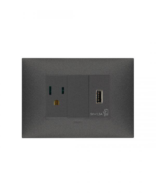 Toma 2P + T15 A 127V usa + sencillo + USB 5V tipoC + placa carbón mate Línea NEVE UP vimar
